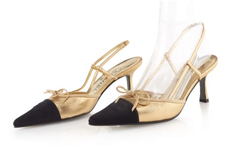 chanel black heels gold lining satin cap toe slingback|Chanel slingback online shop.